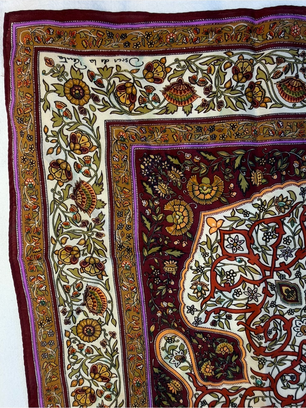Oscar De La Renta Burgundy and Goldenrod Square Scarf 25”x25” - Picture 4 of 7